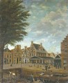 A canal in a Dutch town with merchants loading a vessel and other figures strolling in the streets - Dutch School