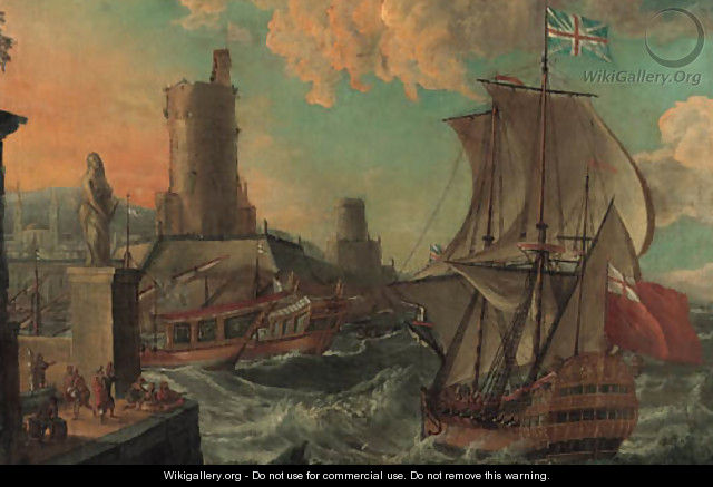 A British Man-of-War entering a Harbor in stormy Seas - Dutch School
