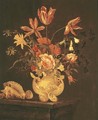 Tulips, roses, a daffodil and other flowers in a sculpted urn with shells on a table ledge - Dutch School