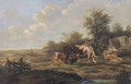 Milking cows in a landscape, with a town beyond - Dutch School