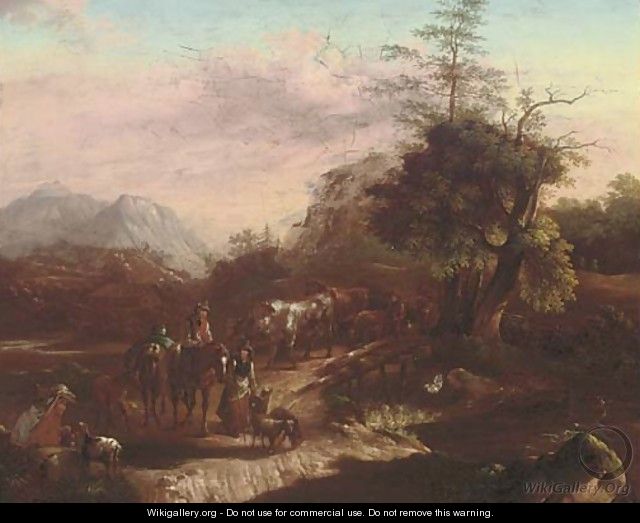Herding cattle over a bridge, an extensive landscape beyond - Dutch School