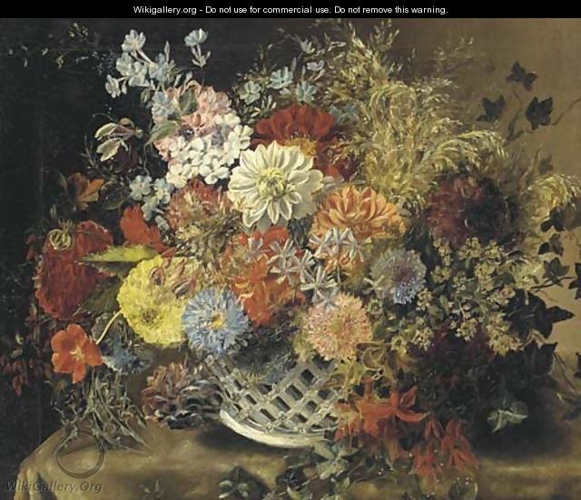 Flowers in a porcelain basket - Dutch School