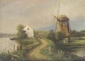 Figures on a track with figures and a windmill beyond - Dutch School
