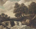 Figures in a woodland landscape by a waterfall - Dutch School