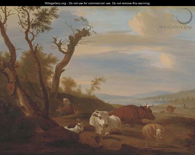 Cattle, sheep and goats with a herder in a landscape, the coast beyond - Dutch School