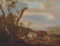 Cattle, sheep and goats with a herder in a landscape, the coast beyond - Dutch School