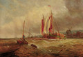 Barges in a swell, a harbour beyond - Dutch School