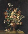 A still life of tulips, roses, freesias, honeysuckle, lilac and other summer flowers in an urn on a ledge - Dutch School