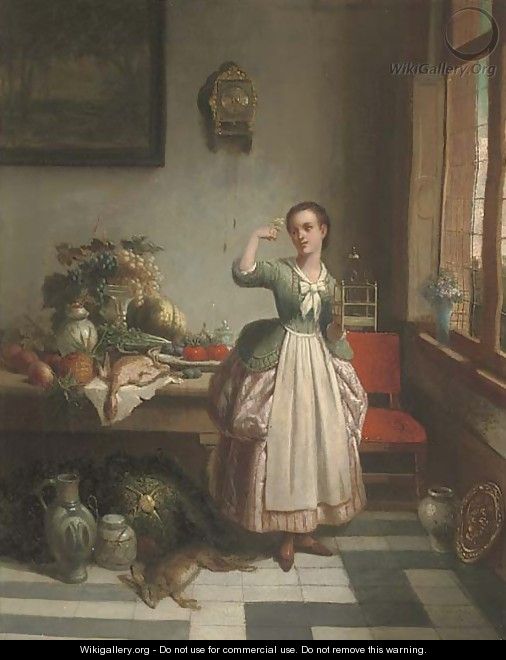 A girl in a pantry, holding a bird on her right hand - Dutch School