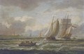 A Dutch Admiralty yacht amidst barges off a low countries watch-tower - Dutch School