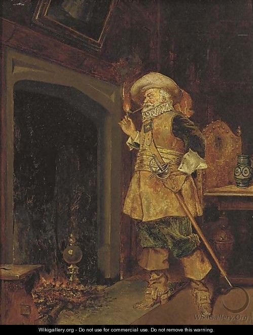 A cavalier lighting his pipe - Dutch School