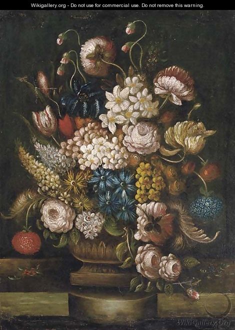 Tulips, roses, lilac, peonies and other flowers in an urn, standing on a ledge - Dutch School