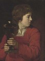 A young boy holding a giant roemer of wine - Dutch School