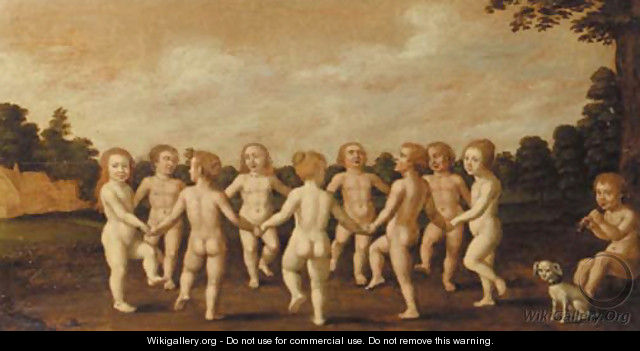 Putti dancing to the music of a shepherd boy in a wooded landscape - Dutch School