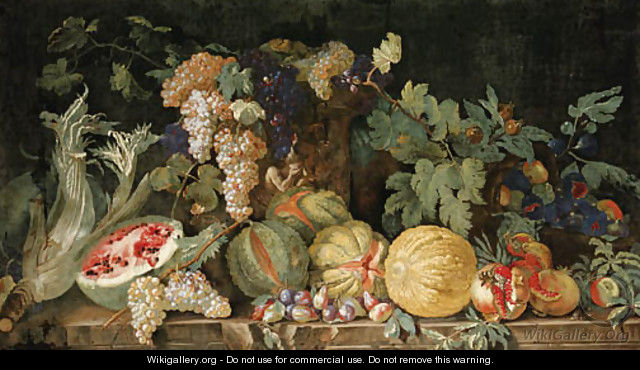 Melons, plums, pomegranates, figs, grapes, cardoon and other fruit by a sculpted urn on a stone ledge - Dutch School