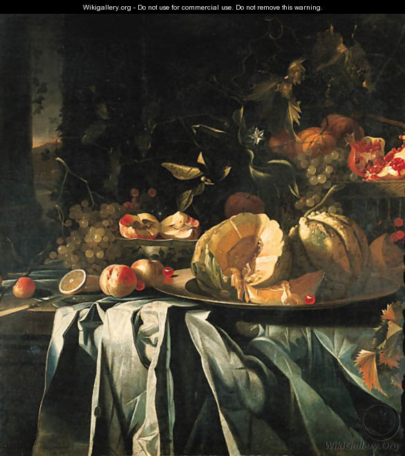Melons and cherries on a silver platter - Dutch School