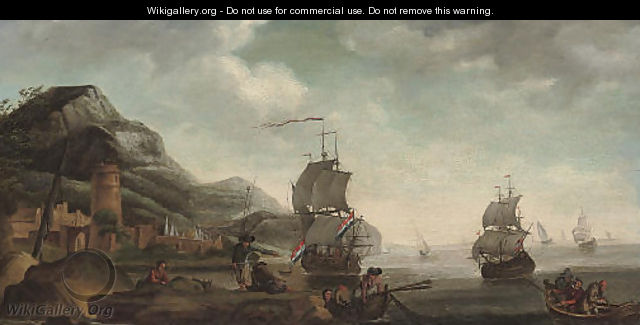 A coastal inlet with fishermen in the foreground, shipping beyond - Dutch School