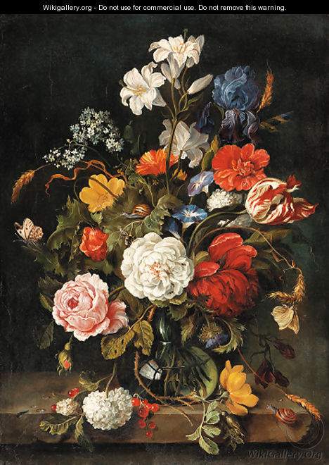 Roses, lilies, a parrot tulip, an iris and other flowers in a glass vase - Dutch School