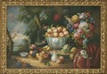 Peaches in a bowl, with tulips, peonies and other flowers in a vase - Dutch School