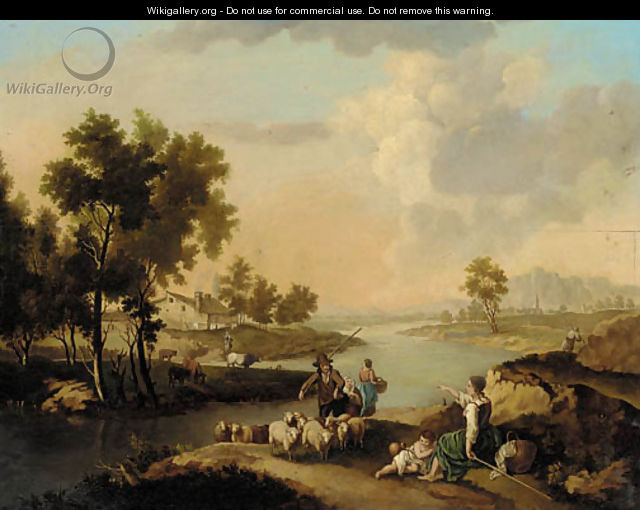 Shepherds with their flock by a river, a farmstead beyond - Dutch School