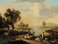 Shepherds with their flock by a river, a farmstead beyond - Dutch School