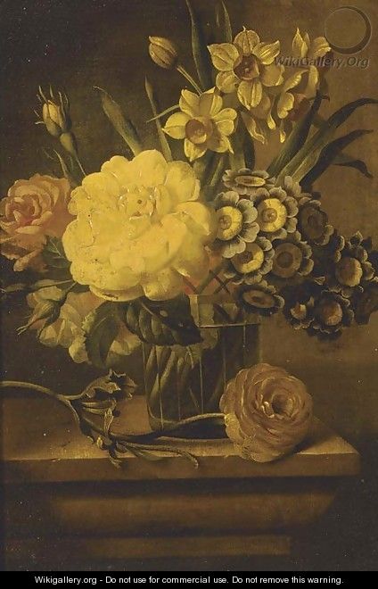 Roses, narcissae and auriculas in a vase on a plinth - Dutch School