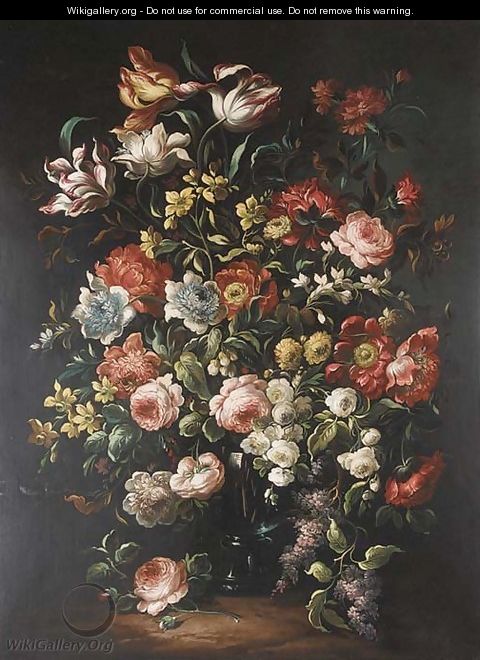 Tulips, roses, fritillaria, narcissae, lilac and other summer flowers in a glass vase - Dutch School