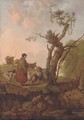 A river landscape with a shepherd and shepherdess and their flock resting by a tree - Dutch School