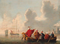 Orientals in a rowing boat, a man-o'-war and a coastal fort beyond - Dutch School