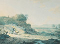 Travellers and a herdsman with cattle on a hilly road - Dutch School