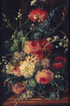 Roses, Delphiniums, Primulas And Narcissus In A Vase On A Ledge - Dutch School
