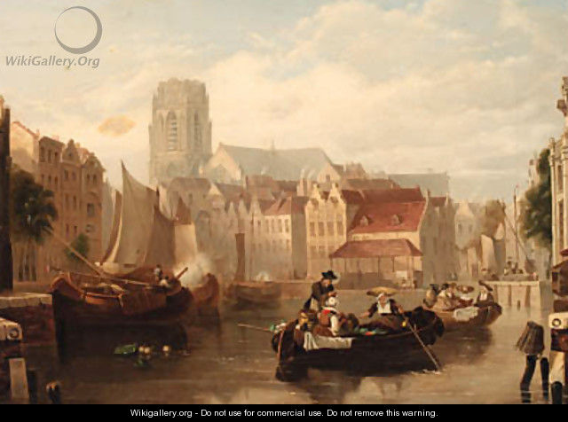 Figures in barges on a Dutch canal - Dutch School