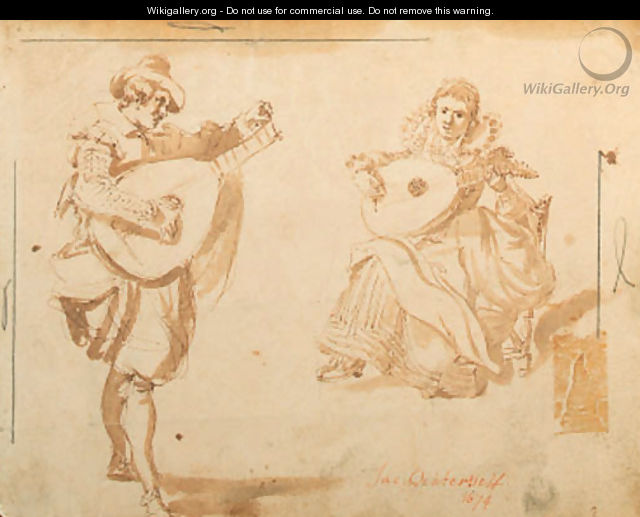A figure tuning his lute, a seated female lute player behind - Dutch School