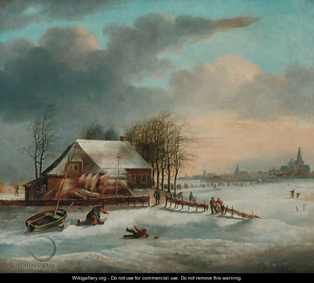 A winter landscape with figures skating on a frozen lake - Dutch School