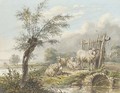 Four sheep by a stream in an extensive landscape - Dutch School