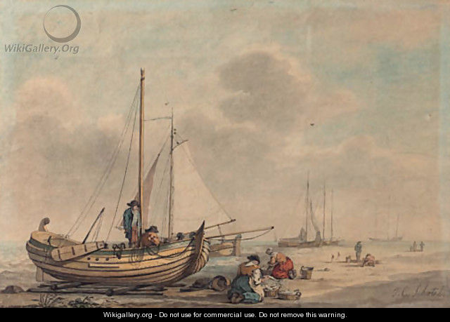 Fisherfolk with their boats on the beach - Dutch School