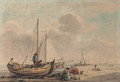 Fisherfolk with their boats on the beach - Dutch School