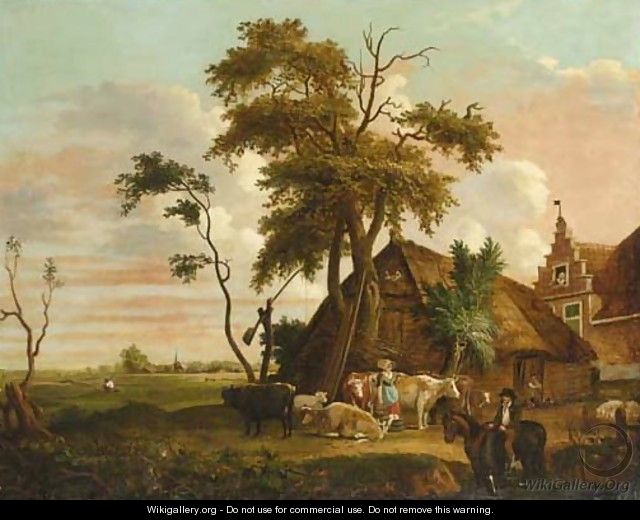 Figures with cattle before a farm - Dutch School