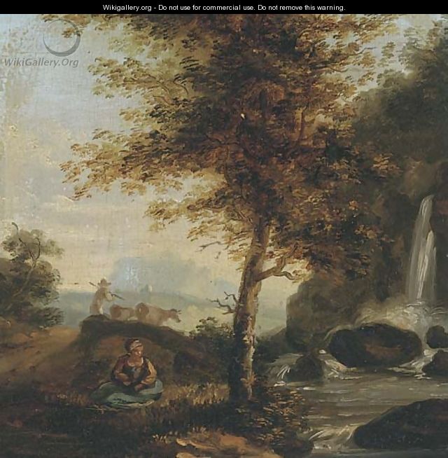 Figure by a waterfall with a drover and cattle beyond - Dutch School