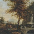 Figure by a waterfall with a drover and cattle beyond - Dutch School