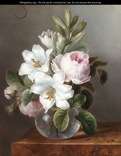 Roses and Lilies in a glass Vase - Dutch School