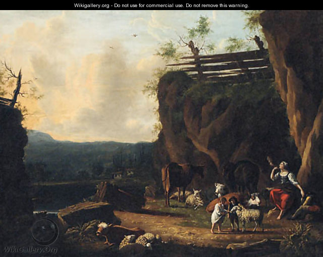 A shepherd and his family on a river bank - Dutch School