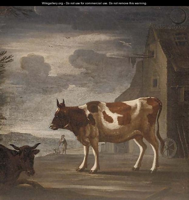 Two cows in front of a barn, a herder with a dog beyond - Dutch School