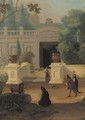 Elegant company promenading in a walled garden near a mansion - Dutch School