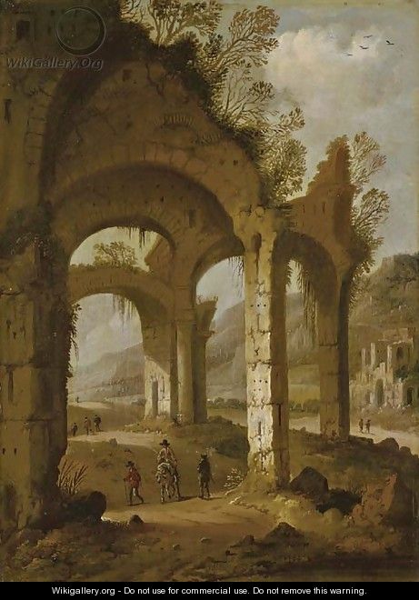 Classical ruins with travelers - Dirck Verhaert