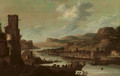 A mountainous river landscape with figures on moored ships near a ruined tower, a fortified town on the opposite river bank - Dirck Verhaert