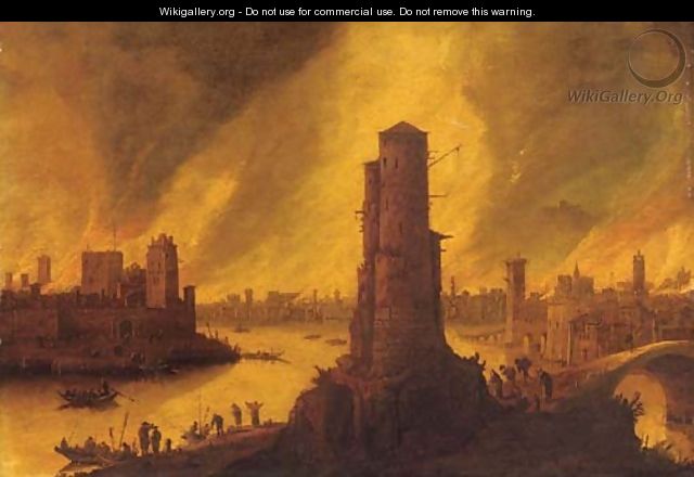 A burning city by a river with figures fleeing in the foreground - Dirck Verhaert