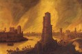 A burning city by a river with figures fleeing in the foreground - Dirck Verhaert