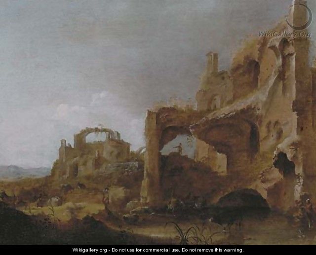 An Italianate landscape with herdsmen watering cattle among classical ruins - Dirck van der B Lisse