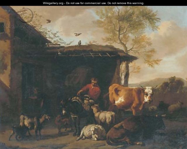 A rustic by a barn with his donkey and other animals - Dirk van Bergen